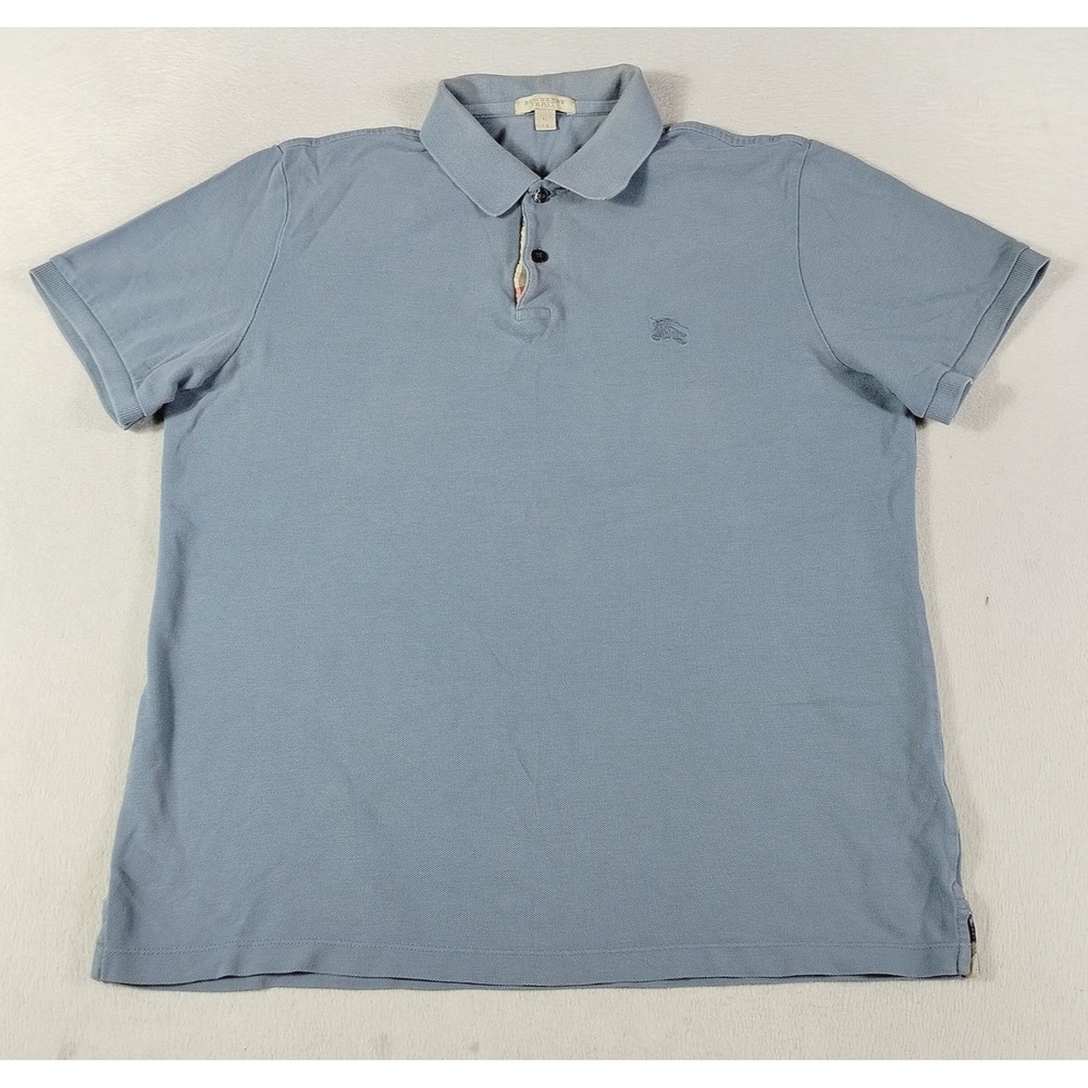 Burberry Brit Polo Shirt Mens XL Blue Solid Knight Logo Cotton Casual Pique